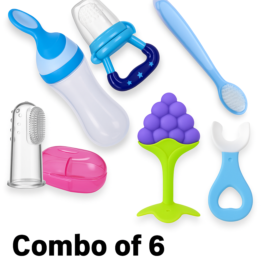 "SproutSpoon Baby Feeding & Teething Set – Fruit Nibbler, Soft Teether, Finger Brush, Spoon Feeder & You-Brush – Multicolor (Pack of 6)"🍼💖